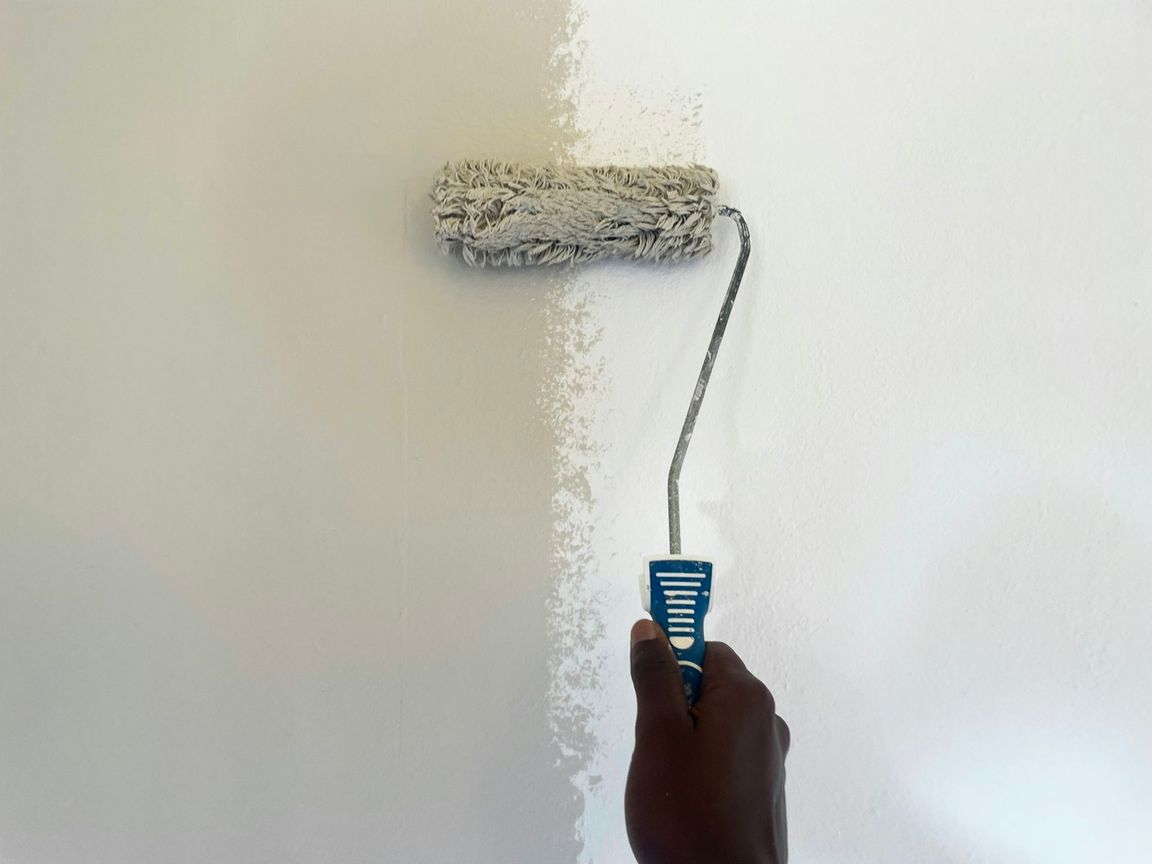 A hand runs a paint roller over a white wall, at the edge of a freshly painted area.